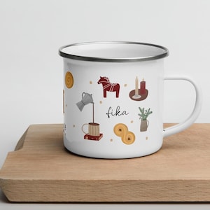 Hygge enamel mug Fika, gift idea Sweden, cozy mug, printed on both sides