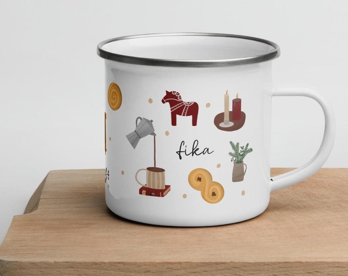 Hygge enamel mug Fika, gift idea Sweden, cozy mug, printed on both sides