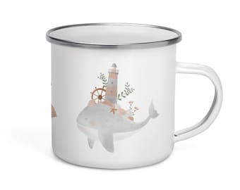 Children's enamel mug with a little whale and sea, lighthouse motif, mug for left-handers and right-handers, maritime gift