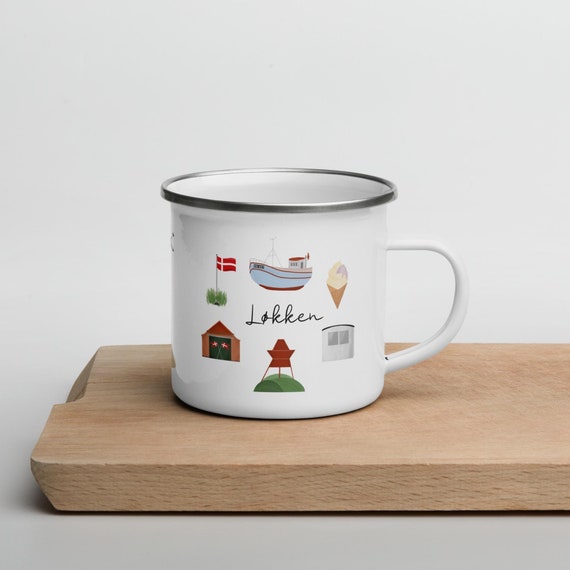 Emailletasse Løkken Dänemark, Hygge Kaffeetasse Geschenk, Denmark Camping Mug