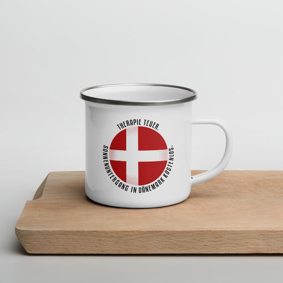 Scandinavian enamel mug with saying and Danish flag, gift idea Denmark, Hygge mug for coffee & tea