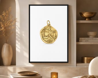 Libra Zodiac Framed Print, Vintage Gold Astrology Medallion Wall Art