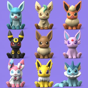 Pokemon Eevee Figurine 3d Printed Paintable Action Figure Toys Set of 3