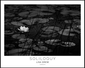 Black and White Lotus Print • Moody Zen Wall Art, Satin Finish (16x20)
