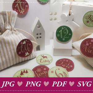 DIY Advent calendar numbers, beautiful numbers for labels or stickers, 24 stickers, countdown to print for your Christmas project