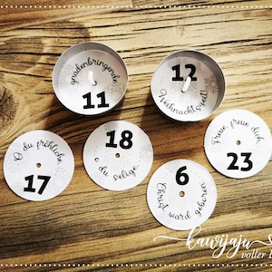 Tealight messages for Christmas, Advent, Advent calendar with the Christmas song &quot;O du Fröhliche&quot;, 24 templates, tealight with message