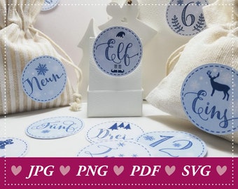 May include: Blue and white Christmas advent calendar tags with numbers one through nine, the word "Elf", and the word "Neun". The tags are decorated with snowflakes and a reindeer.