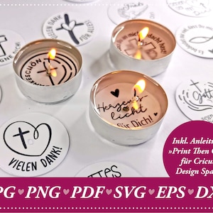 Può includere: Un set di etichette stampabili per tealight con messaggi religiosi e ispiratori in tedesco. Le etichette presentano una croce, un cuore e le parole "Gott segne dich" (Dio ti benedica), "Herzenslicht" (luce del cuore) e "Vielen Dank" (grazie).