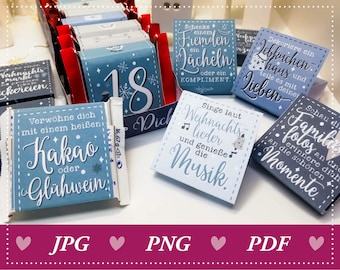 Pode incluir: Um conjunto de 10 caixas de calendário do advento de Natal azuis e cinzas com ilustrações e texto festivos de temática invernal. As caixas apresentam frases como "Schenke einem Fremden ein Lächeln" e "Verwöhne dich mit einem heißen Kakao oder Glühwein".