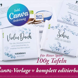 Könnte beinhalten: Eine weiße Schokoladentafel mit einem floralen Design und dem Text "Vielen Dank" für die Glückwünsche und Geschenke zu meiner Konfirmation. Die Tafel ist mit grünen Blättern und dem Namen Hannah sowie dem Datum 28.04.2024 verziert. Die Tafel ist 100g und ist für Ritter Sport.