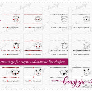 Puede incluir: Un conjunto de tarjetas ilustradas con caras de animales lindos, incluyendo un oso, un erizo, una cebra y un le&oacute;n. Cada tarjeta tiene un borde decorativo y el texto "Mit viel f&uuml;r dich gebastelt!" en escritura a mano. Las tarjetas son en rojo y negro.
