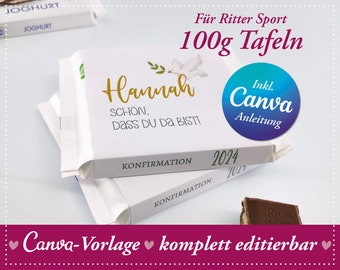 Canva template: Editable Ritter Sport banderole for 100g bar, thank you gift, communion, confirmation, baptism, wedding, customizable