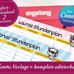 Könnte beinhalten: Zwei druckbare Stundenplan-Vorlagen für Kinder, eine rosa und eine blaue, mit niedlichen Tierillustrationen. Die Vorlagen sind mit "Lauras Stundenplan" und "Jonas' Stundenplan" betitelt und beinhalten die Wochentage: Montag, Dienstag, Mittwoch, Donnerstag und Freitag. Das Bild enthält auch den Text "Sofort-Download 2 Varianten" und "Inkl. Canva Anleitung".