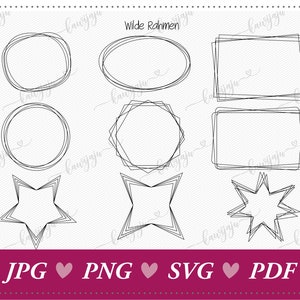 Può includere: Un set di 8 cornici di contorno in bianco e nero in diverse forme, tra cui cerchi, ovali, rettangoli, stelle e una forma geometrica. Le cornici sono progettate per l'uso in progetti digitali o per la stampa.