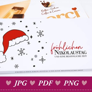 Könnte beinhalten: Eine weiße Karte mit einer Illustration einer roten und weißen Weihnachtsmütze und dem Text "fröhlichen NIKOLAUSTAG UND EINE BESINNLICHE ZEIT". Die Karte ist mit Schneeflocken und Sternen verziert.