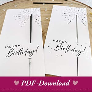 Carte d'anniversaire Sparkler, support de cierge magique, modèle à télécharger, vœux d'anniversaire scintillants pour la famille et les collègues, dicton, bricolage