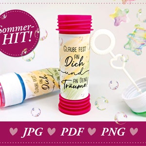 Download: fascetta per bolle di sapone con scritta e figure di bolle di sapone, motivazione, frasi positive, festa dei bambini, compleanno dei bambini, sacchetto per le feste