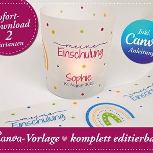 May include: A white glass candle holder with a rainbow design and the text "meine Einschulung" and "Sophie 19. August 2023". The candle holder is decorated with colourful dots. The image also shows a white background with a rainbow design and the text "meine Einschulung".