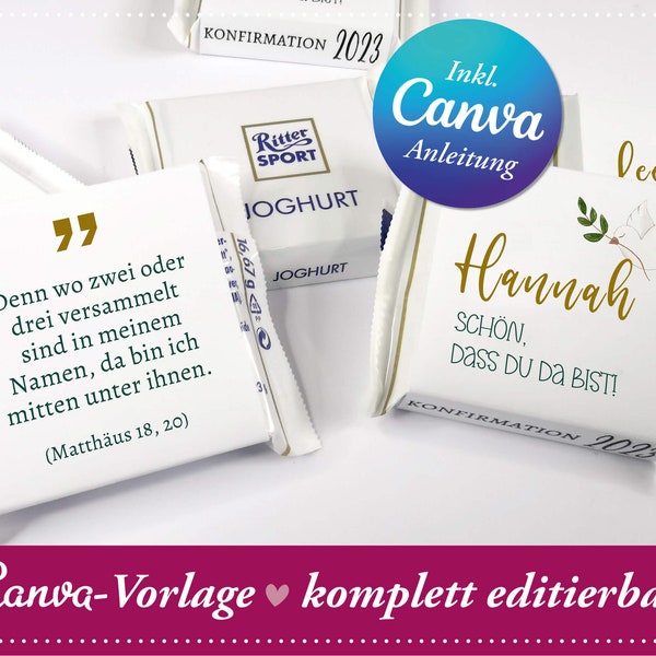 Canva-Vorlage: Editierbare Ritter Sport Mini Banderole, Gastgeschenk, Streudeko, Kommunion, Konfirmation, Taufe, Hochzeit, personalisiert