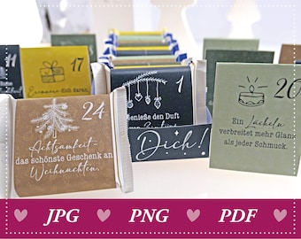 Pode incluir: Um conjunto de 24 caixas de calendário do advento com designs diferentes. Cada caixa tem um número e uma mensagem festiva. As caixas são embrulhadas em papel castanho, papel preto e papel verde. O texto nas caixas inclui "Achtsamkeit - das schönste Geschenk an Weihnachten", "Genieße den Duft", "Dich!" e "Ein Lächeln verbreitet mehr Glanz als jeder Schmuck."