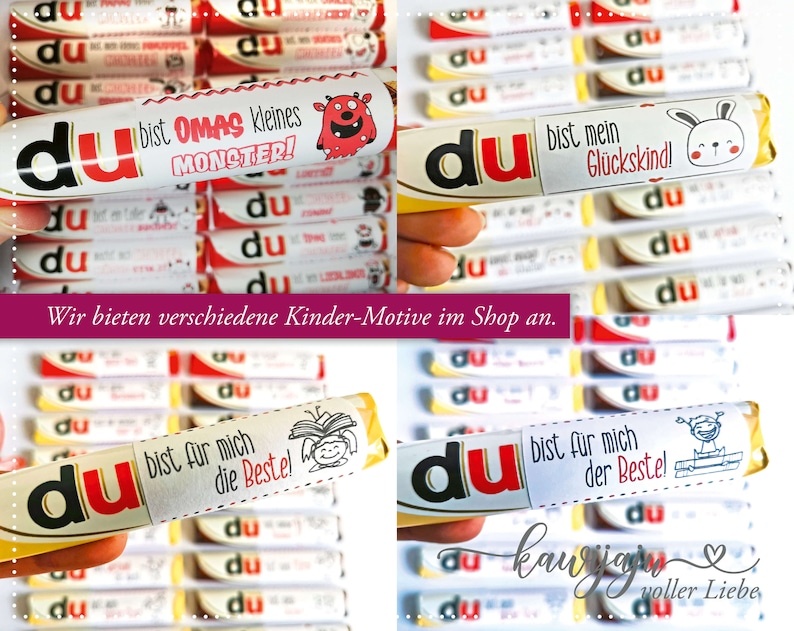 Puede incluir: Una colecci&oacute;n de barras de chocolate con etiquetas personalizadas. Las etiquetas presentan la palabra "du" en rojo y blanco, junto con varias frases alemanas e ilustraciones de dibujos animados. Las barras est&aacute;n dispuestas en una cuadr&iacute;cula, mostrando diferentes dise&ntilde;os.