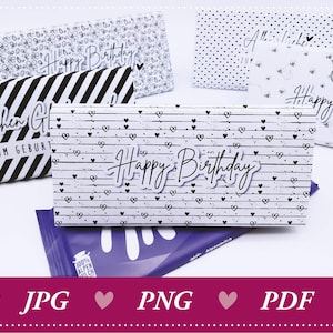 Könnte beinhalten: Druckbare Geschenkanhänger mit schwarz-weißen Designs. Die Anhänger zeigen verschiedene Muster und Texte, darunter "Happy Birthday", "Happy Bee" und "Herzlichen Glückwunsch zum Geburtstag".