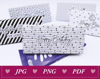 May include: Printable gift tags with black and white designs. The tags feature different patterns and text, including "Happy Birthday", "Happy Bee", and "Herzlichen Glückwunsch zum Geburtstag".