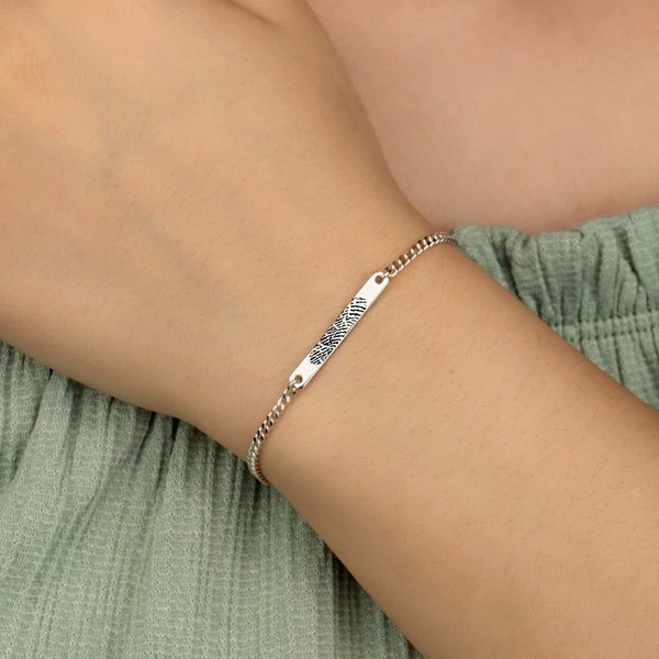 Fingerprint and Handwriting Bar Bracelet with Curb Chain | Memorial Bracelet | Remembrance Gift | Birthday Keepsake Gift | Mother's Day Gift