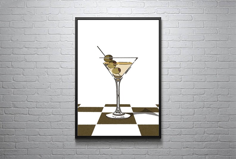 May include: A martini glass with three green olives on a brown and white chequered background.