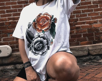 Traditional Tattoo Flowers Shirt - Yin & Yang Flower Tee