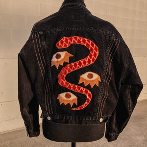 Black Denim Reworked Jacket – Snake Tattoo Flash Embroidered