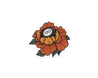May include: A sticker featuring a stylized floral design with an eight ball at the center. The flower has orange petals with yellow accents, green leaves, and a black and white eight ball.