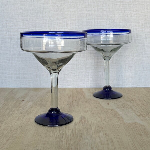 Pair of Handblown Cobalt Blue Margarita Glasses Maximalist Eclectic Electric, Likely Made in Mexico
