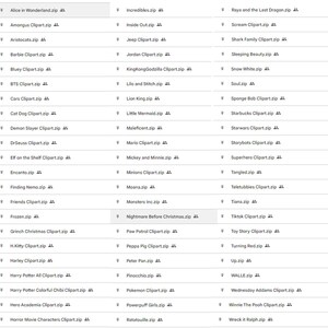 May include: A screenshot of a computer screen showing a list of downloadable clipart files. The list is organized into three columns. Each row contains the name of a clipart file, followed by the file extension '.zip'. The names of the clipart files are related to popular movies, TV shows, and characters.