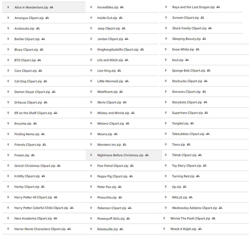 May include: A screenshot of a computer screen showing a list of downloadable clipart files. The list is organized into three columns. Each row contains the name of a clipart file, followed by the file extension '.zip'. The names of the clipart files are related to popular movies, TV shows, and characters.