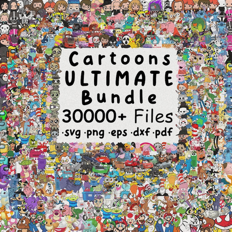 May include: A colorful collage of cartoon characters, including popular characters like Mickey Mouse, SpongeBob SquarePants, and the Minions. The text "Cartoons ULTIMATE Bundle 30000+ Files .svg .png .eps .dxf .pdf" is displayed in the center of the image.