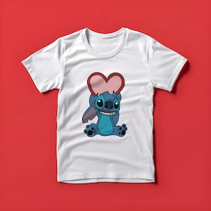 May include: White t-shirt with a blue Stitch character holding a red heart.