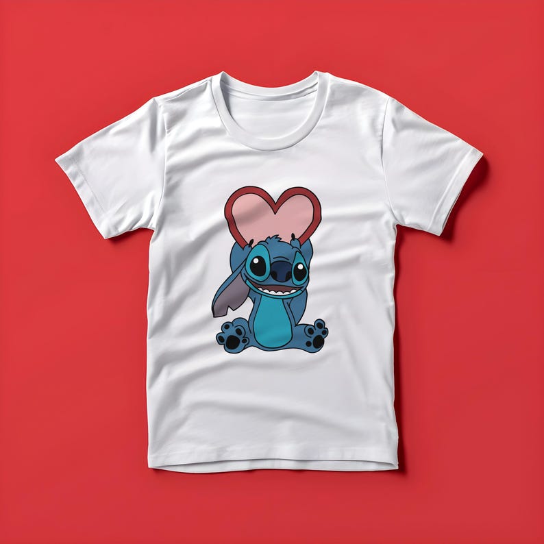 May include: White t-shirt with a blue Stitch character holding a red heart.