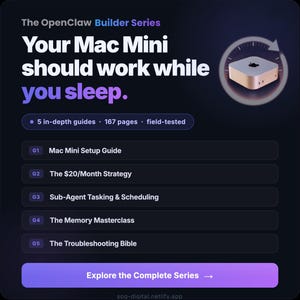 May include: A dark blue graphic with the text "The OpenClaw Builder Series" and "Your Mac Mini should work while you sleep." Includes a graphic of a Mac Mini and a list of guides: Mac Mini Setup, $20/Month Strategy, Sub-Agent Tasking, Memory Masterclass, and Troubleshooting.