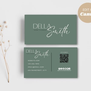 Editable Business Card with QR Code, Sage Green Business Card Template, Calling Card, DIY Business Card, Canva Business Card, Canva Template