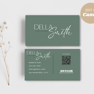 Editable Business Card with QR Code, Sage Green Business Card Template, Calling Card, DIY Business Card, Canva Business Card, Canva Template