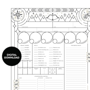 May include: A black and white character sheet for a tabletop role-playing game. The sheet includes sections for character name, alignment, class, background, inspiration, player, level, strength, dexterity, constitution, intelligence, wisdom, charisma, saving throws, skills, features and traits, initiative, speed, temp HP, current HP, max HP, proficiency bonus, hit dice, passive perception, attacks and spellcasting, attack bonus, damage type, and name.