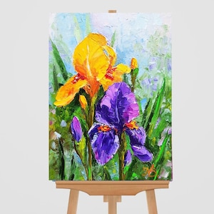 アイリスの絵画 花の絵画 インパスト 紫 黄色 アイリス 油絵 花 オリジナルアートワーク キャンバスパネルの油絵 誕生日プレゼント