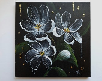 Transparent flowers on black background, Gray's White Flowers, Decorative Acrylic Painting, Painting with Gilding, Floral wall decor