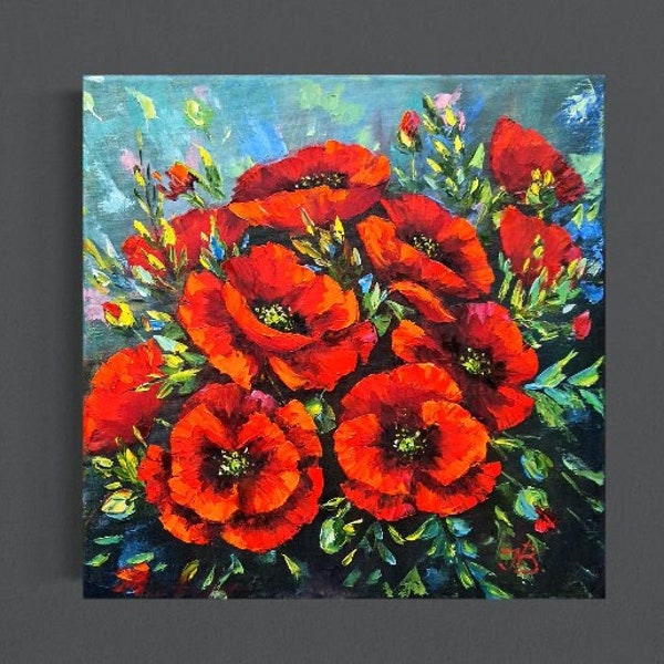 Red Poppy painting Meadow poppy Impasto Original oil painting Floral art Red flowers Gift for mom Present for birthday Square picture