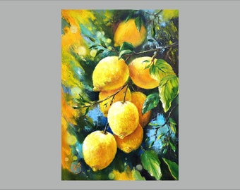 Gelbe Zitronen, Zitronenbaumzweig, gelbe Früchte, Original Ölgemälde, sonniges Gemälde, helles Ölgemälde, Wanddekoration, tolles Geschenk
