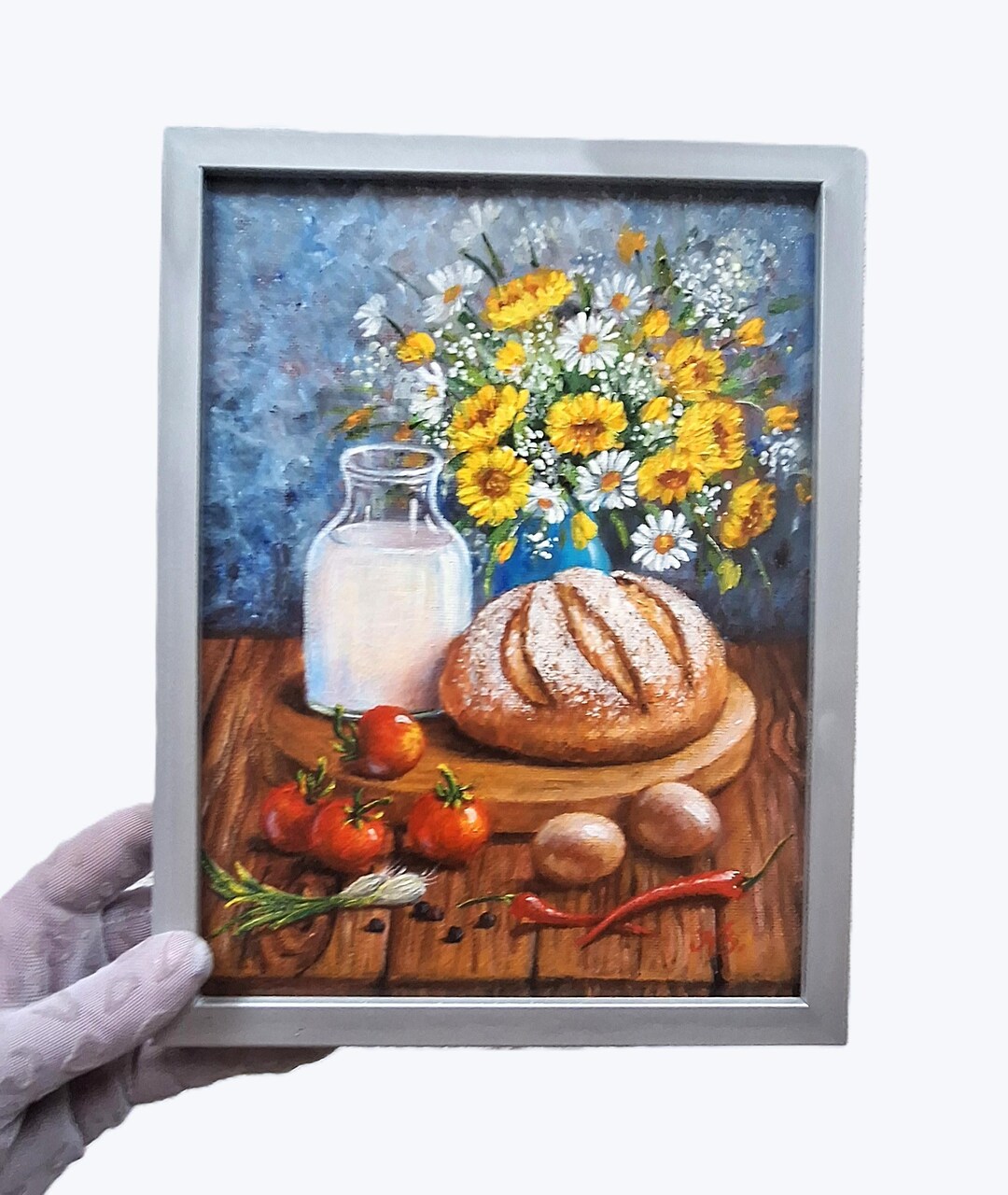 Rustic Kitchen Still Life Painting With Bread Milk Flowers Framed 
