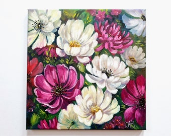 Flowers in the garden Summer garden Bright flowers Decorative flower painting White and purple flowers Square painting Original oil art