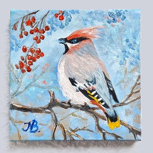 Waxwing painting, forest bird, bird painting, nature art, small oil painting, ornithologist gift, child gift, painting set, small painting