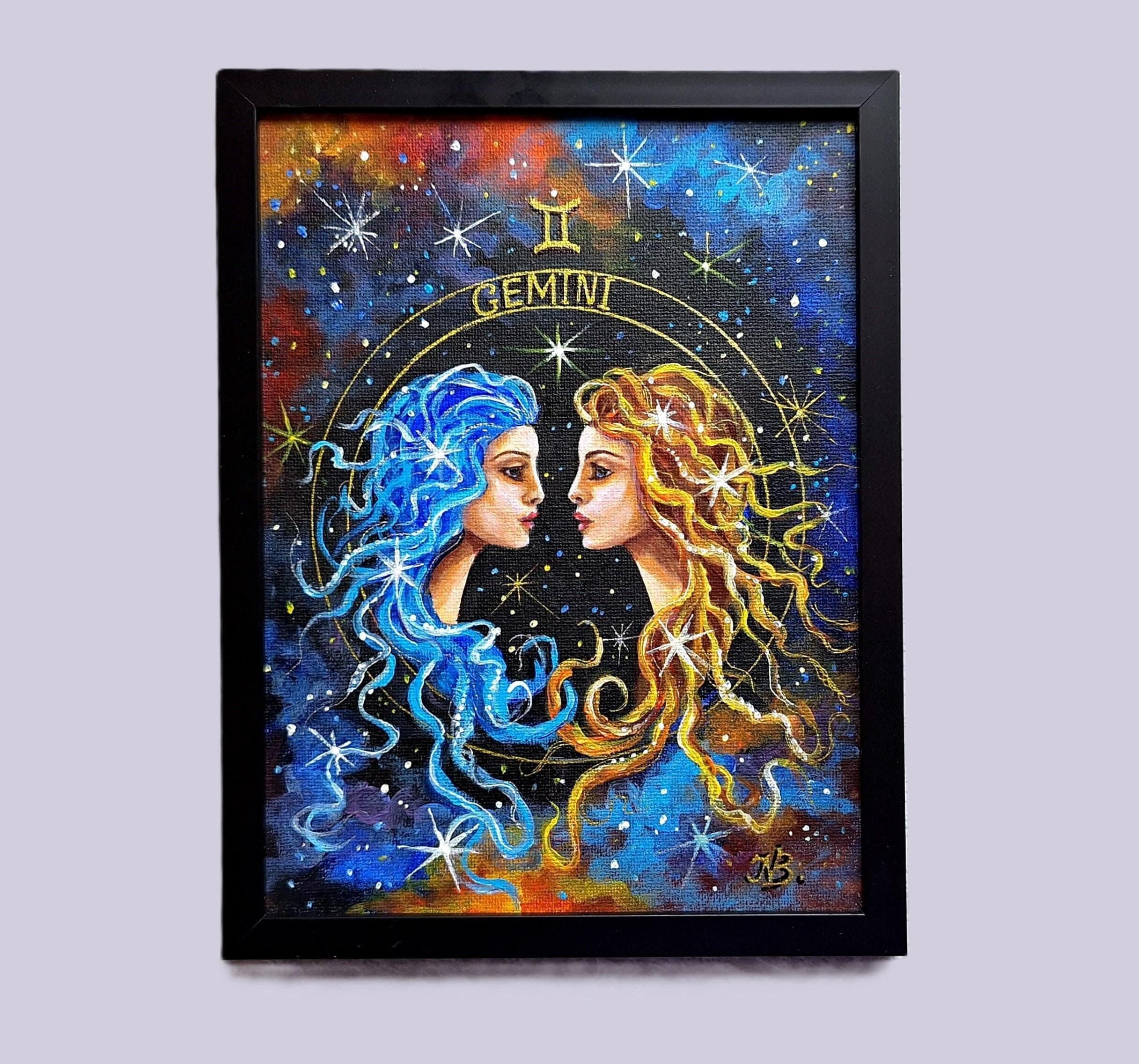 Framed Gemini Zodiac Painting: Modern Acrylic Air Element Art - Etsy